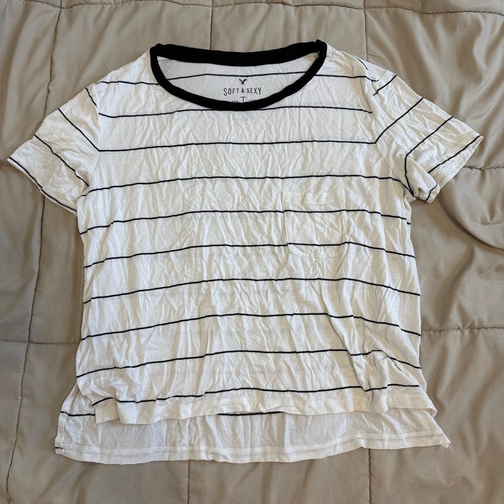 American Eagle White and Black Soft & Sexy Striped T-Shirt